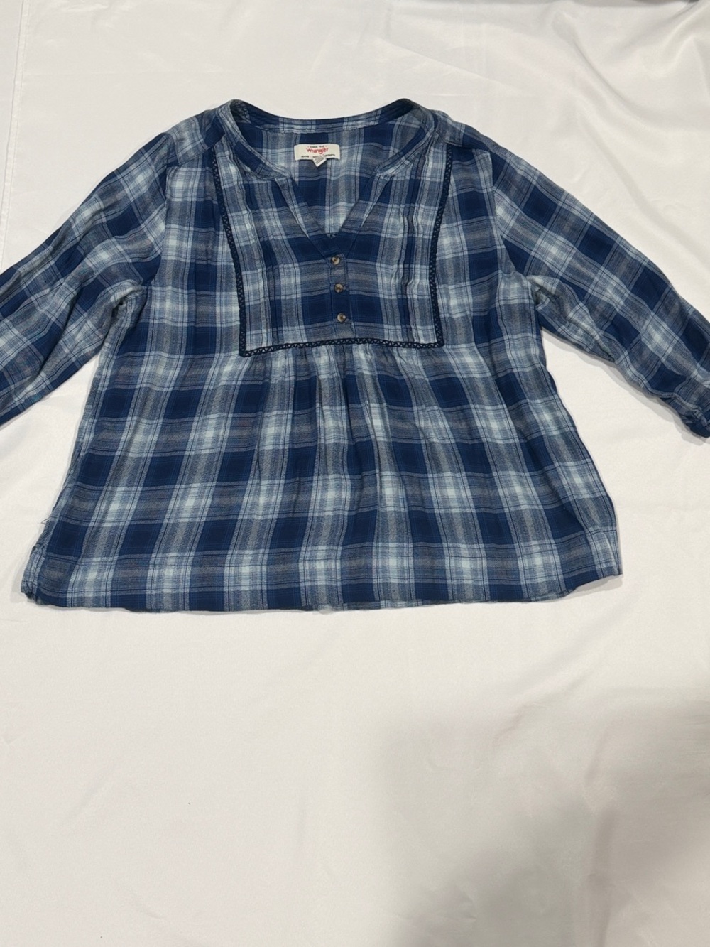 Wrangler Navy and Light Blue Plaid Peasant Blouse